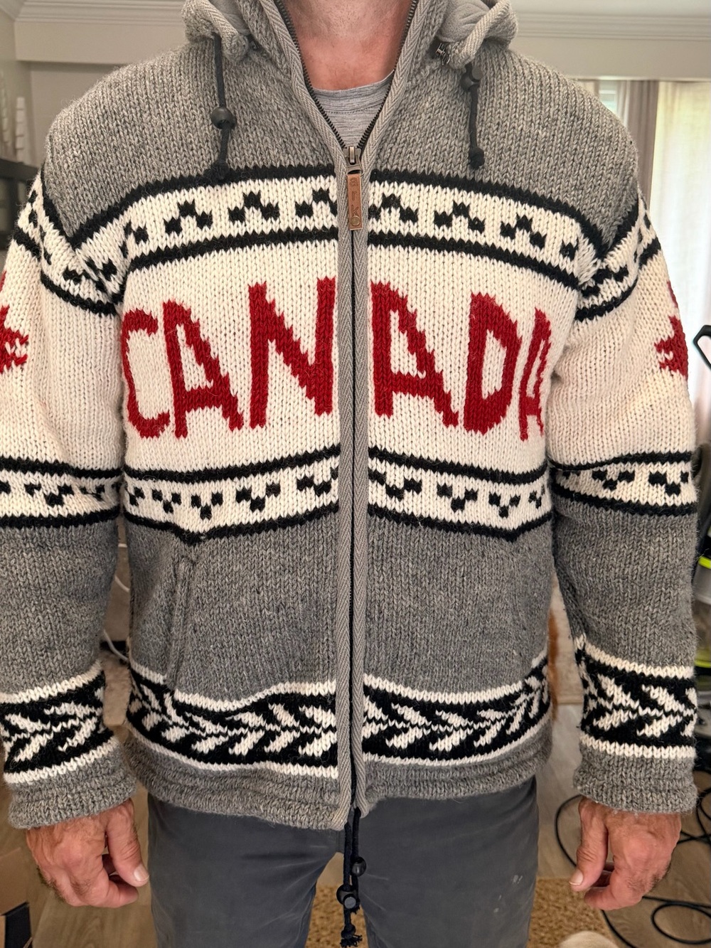 Men's Gray Zip-Up Hooded Sweater with Red CANADA Knit